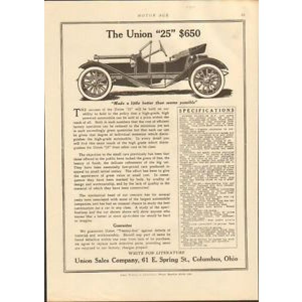 1912 Union model 25 Columbus OH Auto Ad Hyatt Roller Bearings mc0520 #5 image